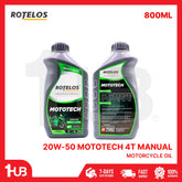 Two bottles of Rotelos Mototech motorcycle oil on a white background with red border