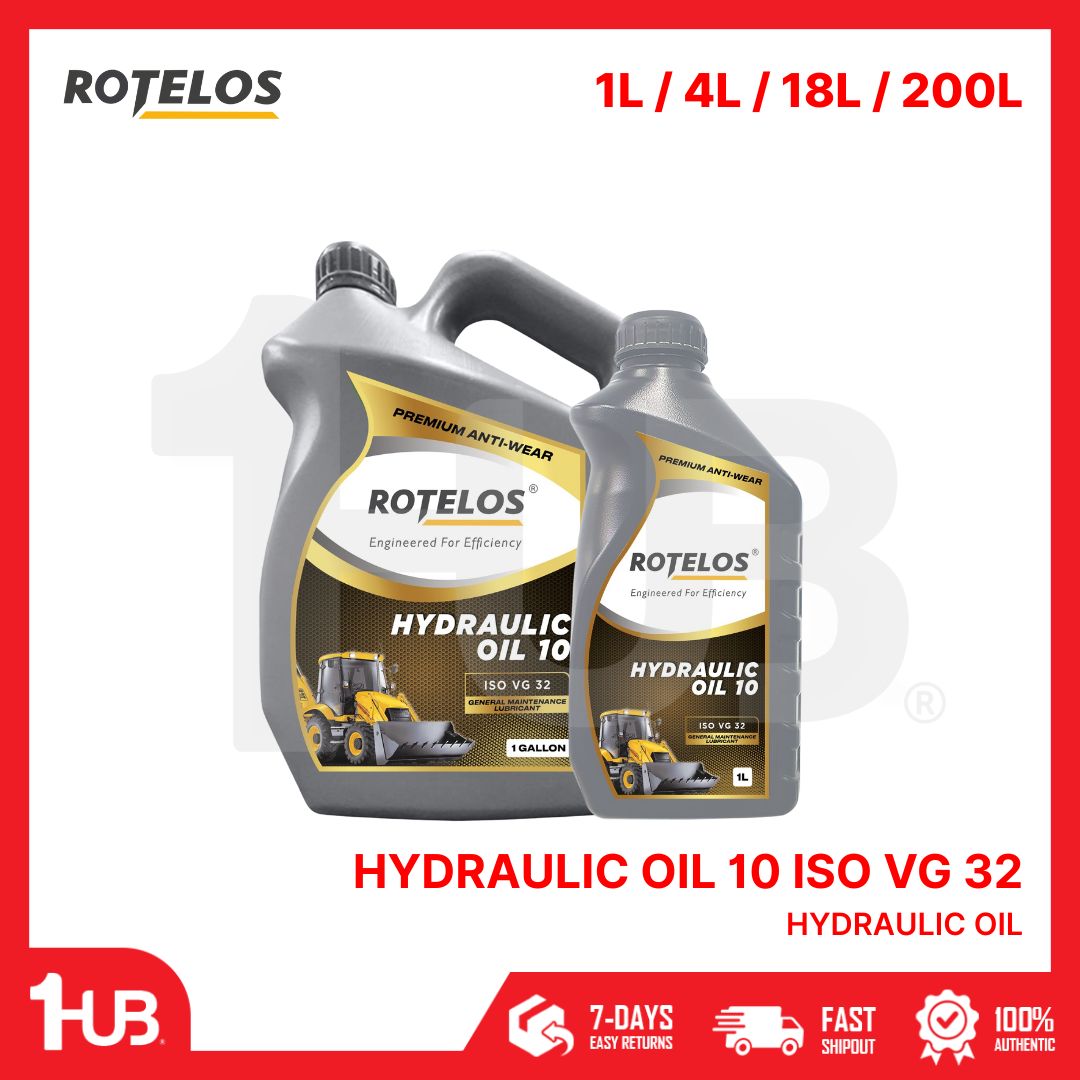 Two bottles of Rotelos hydraulic oil with product details on a white background