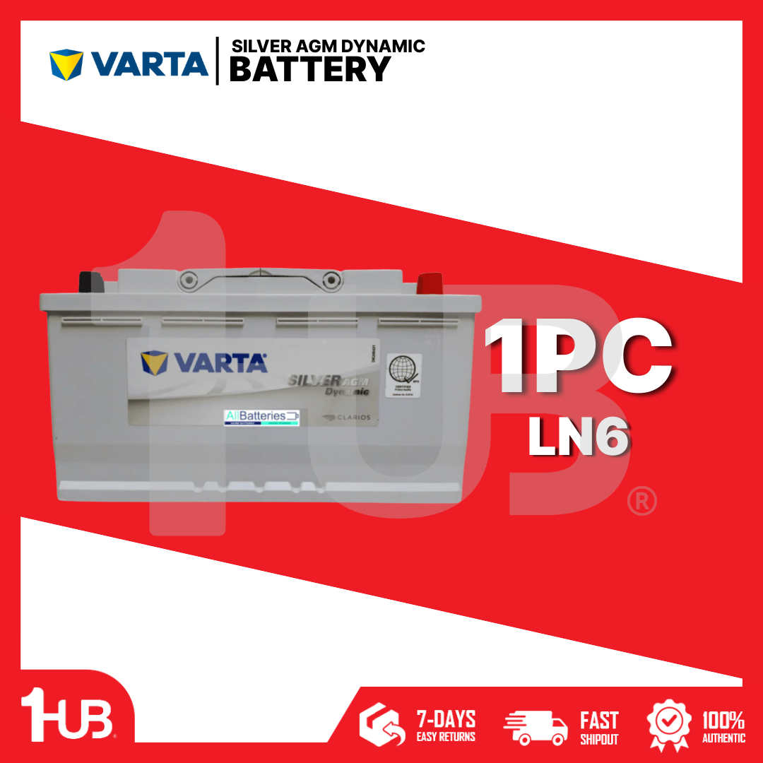 Varta battery on a red and white background with branding and product details.