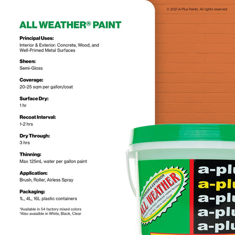 A-Plus All Weather Acrylic Waterproof Elastomeric Paint 4L / Medium Gloss  | Family of Red & Green | Interior and Exterior Paint