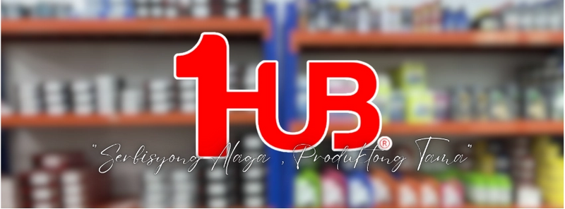 Red 'HUB' logo with blurred shelves in the background
