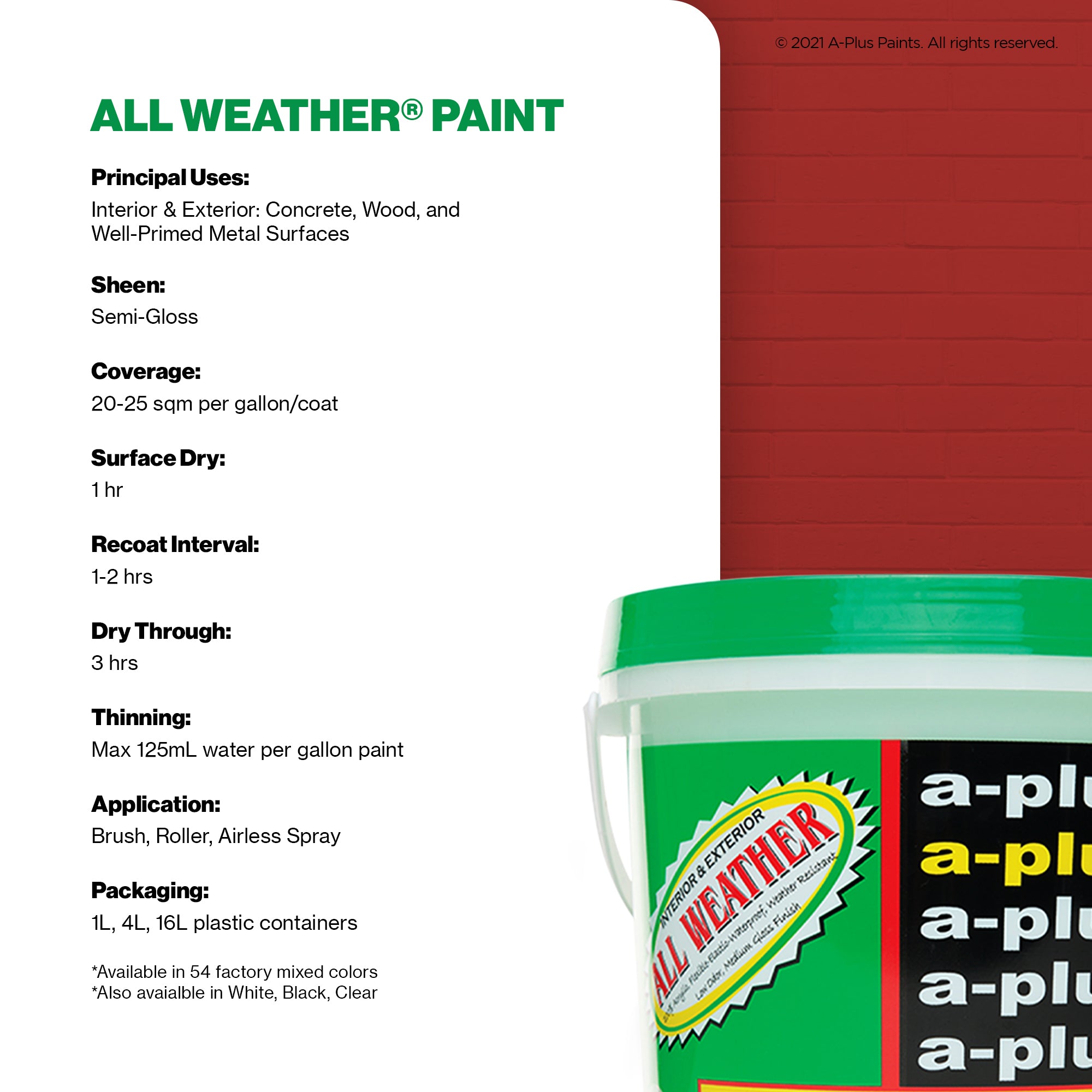 A-Plus All Weather Acrylic Waterproof Elastomeric Paint 4L / Medium Gloss  | Family of Red & Green | Interior and Exterior Paint