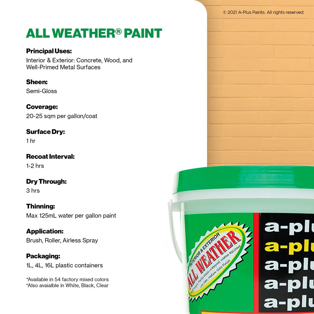 A-Plus All Weather Paint 4L- Medium Gloss | Cream Shades for Interior & Exterior Concrete, Wood water-based paints.