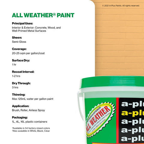 A-Plus All Weather Paint 4L- Medium Gloss | Cream Shades for Interior & Exterior Concrete, Wood water-based paints.
