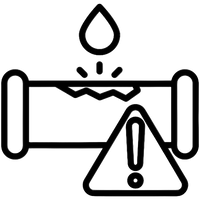 Icon of a water pipe with a drop above it and a warning triangle below on a white background