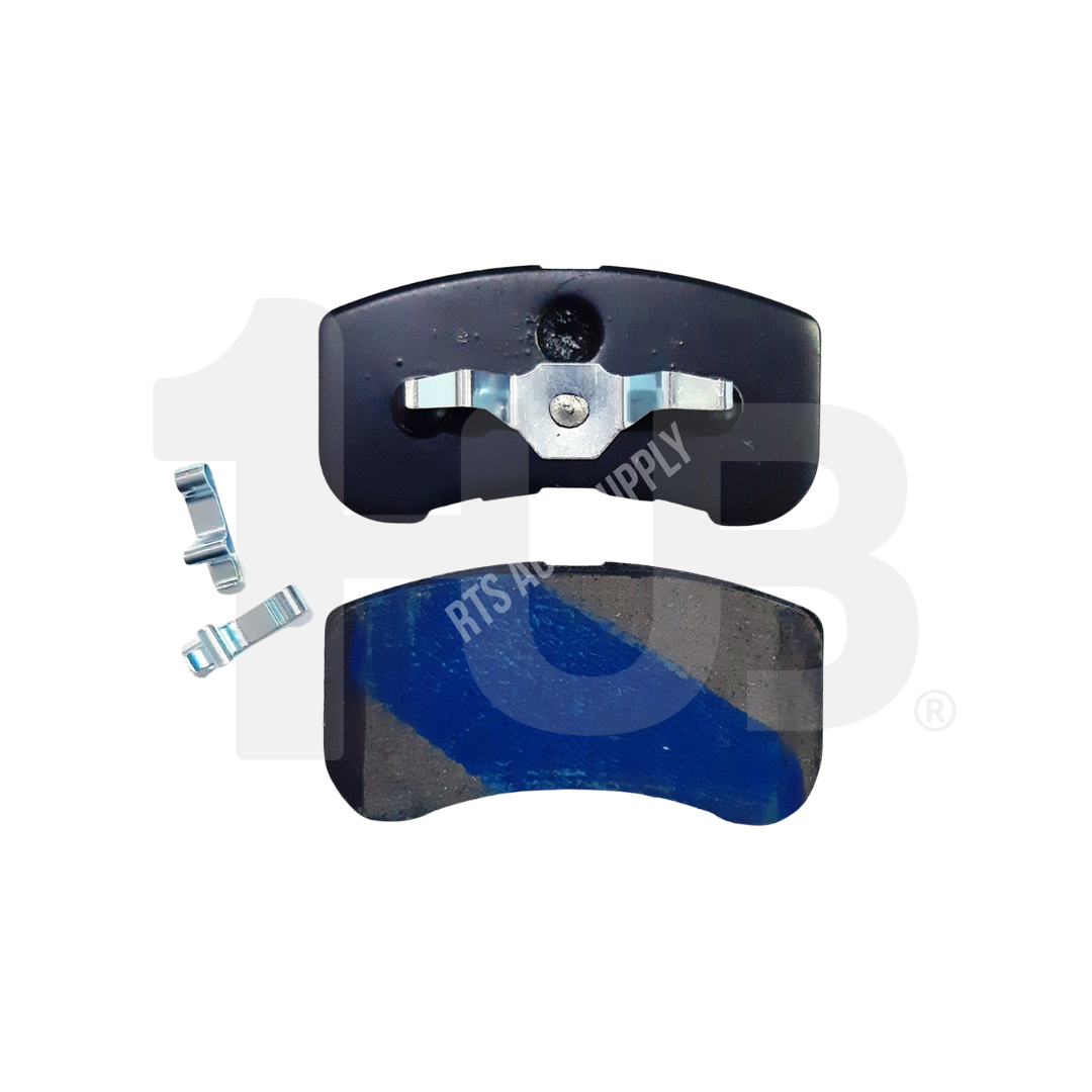 Bicycle brake pad set with metal components on a white background