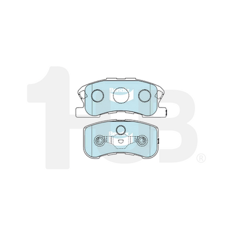 Two brake pads on a white background with a brand logo.
