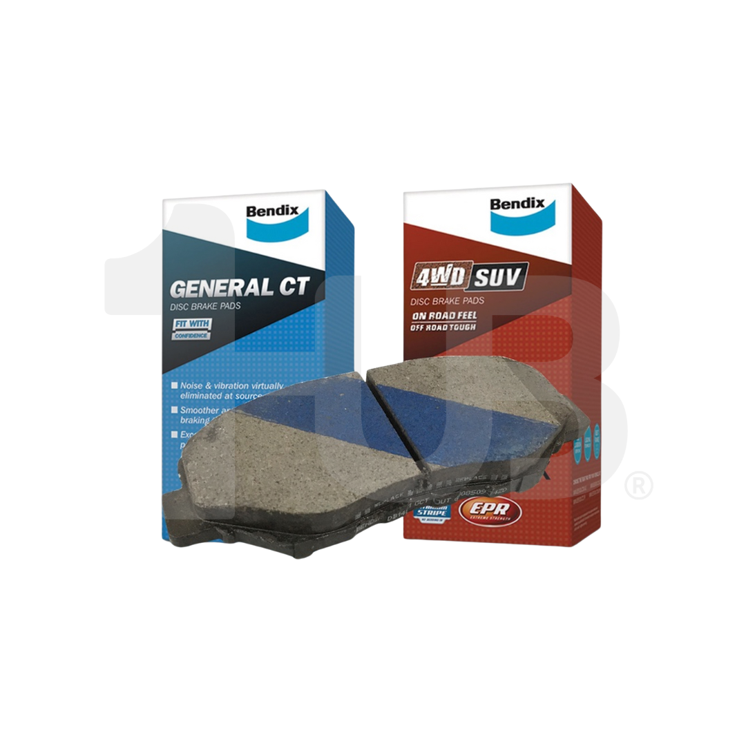 Bendix General CT and 4WD SUV brake pads with packaging on a white background