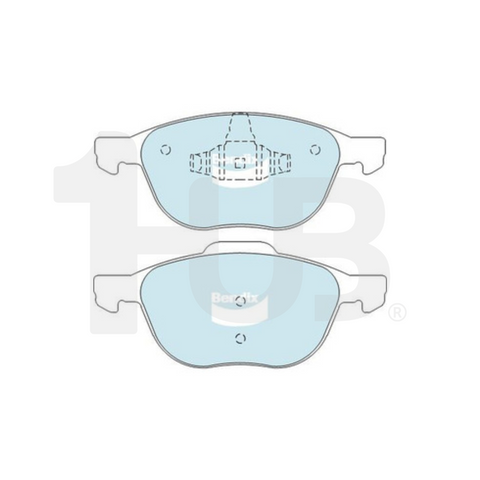 Two brake pads on a white background with a brand logo.