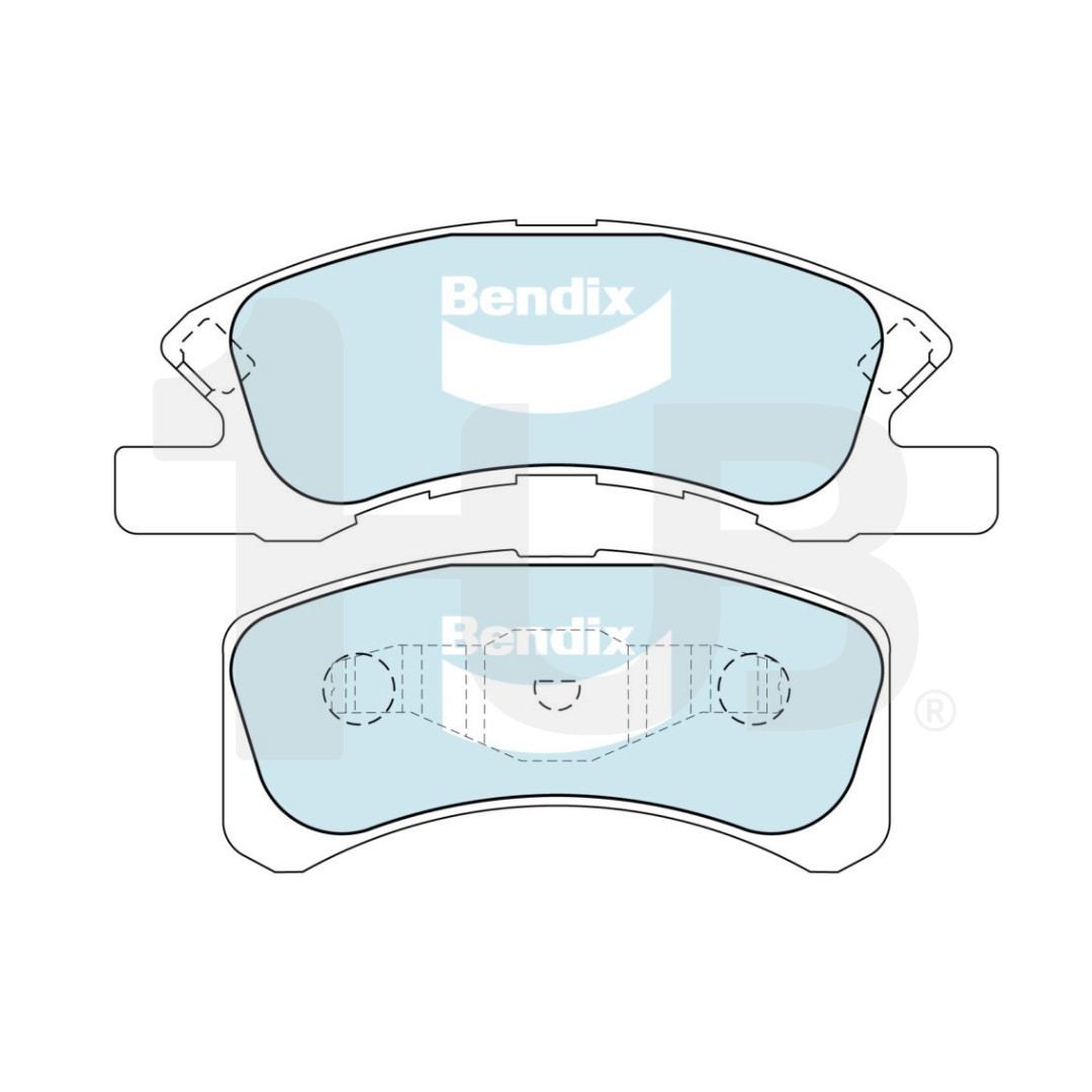 Two brake pads with Bendix branding on a white background
