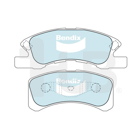 Two brake pads with Bendix branding on a white background