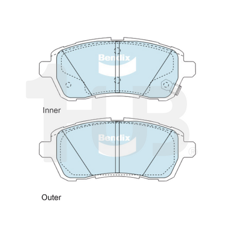 Bendix brake pad set with labeled inner and outer sides on a white background