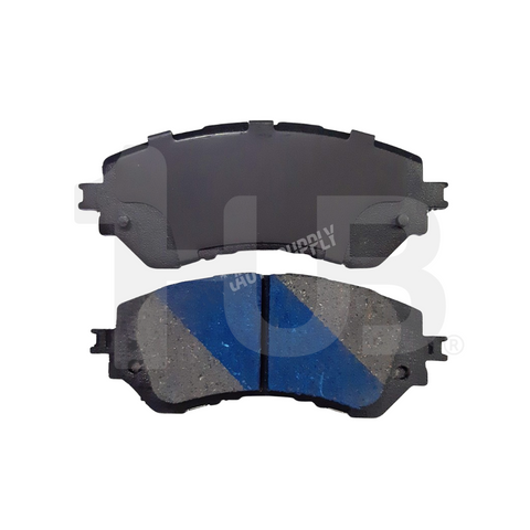 Two brake pads with a blue wear indicator on a white background