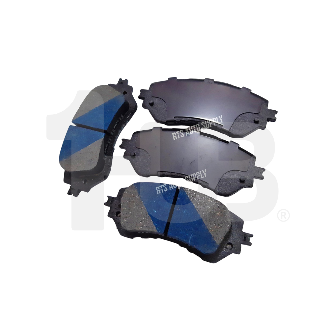 Set of brake pads with blue and gray design on a white background