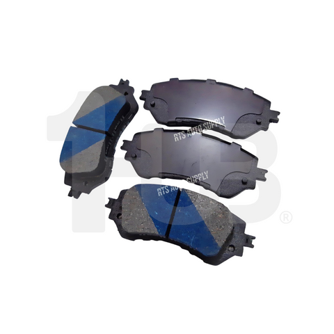 Set of brake pads with blue and gray design on a white background