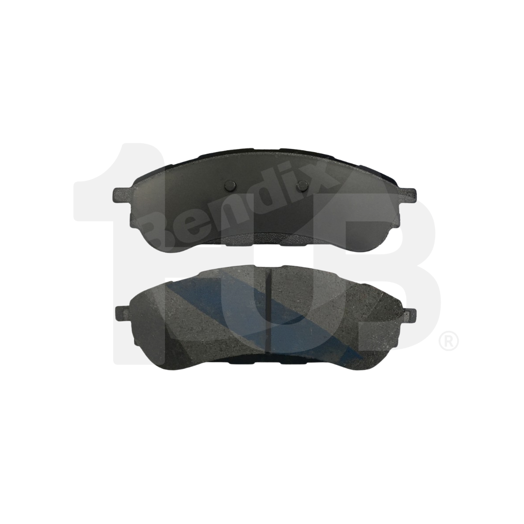Two brake pads on a white background with Bendix branding.