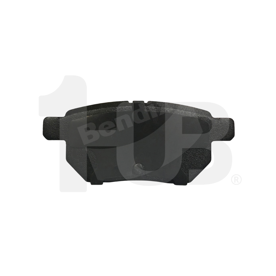 Black brake pad on a white background with Bendix logo.