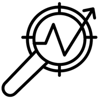 Black icon of a magnifying glass with an arrow and waveform on a white background