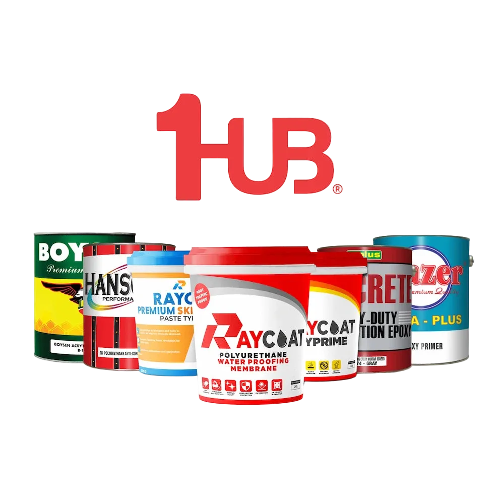 Collection of paint cans with visible brand logos on a white background, featuring the '1Hub' logo.