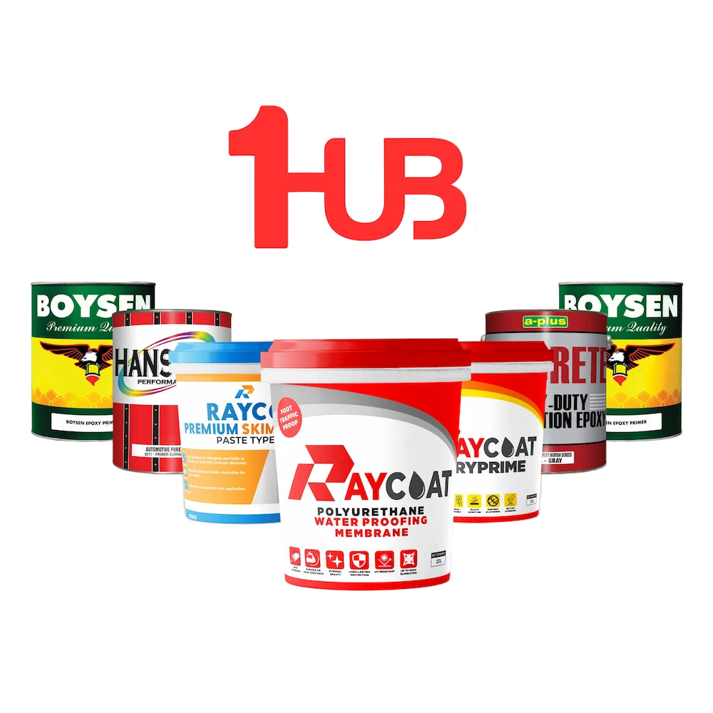 Collection of paint cans with visible brand logos on a gray background, featuring the '1 Hub' logo.