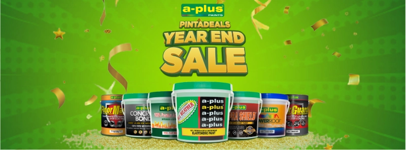 Promotional banner for a-plus Pintadeals Year End Sale with various product containers on a green background.