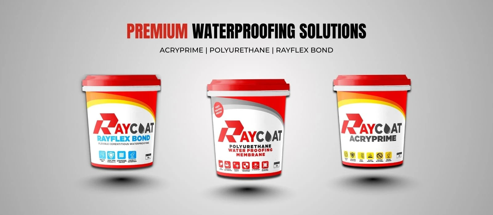 Three containers of Raycoat waterproofing solutions on a gray background