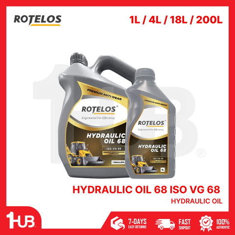 Two bottles of Rotelos Hydraulic Oil 68 ISO VG 68 on a white background with product details.