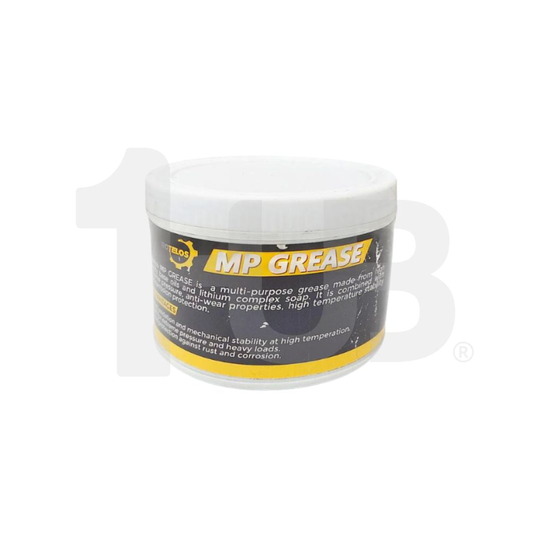 Container of MP Grease with a white lid on a white background
