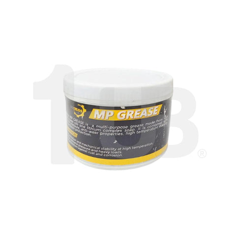 Container of MP Grease with a white lid on a white background
