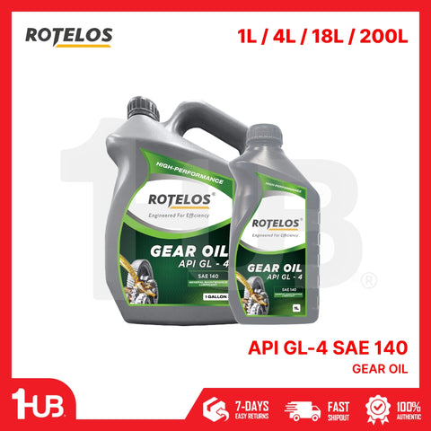 Two bottles of Rotelos gear oil with product details on a white background