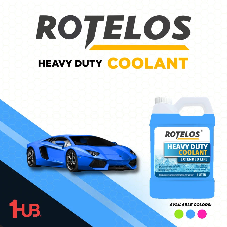 ROTELOS heavy duty coolant with a blue car and product container on a white background