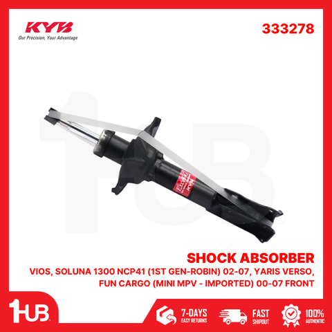 KYB SHOCK ABSORBER - GAS TYPE TOYOTA VIOS, SOLUNA 1300 NCP41 (1ST GEN-ROBIN) 02-07, YARIS VERSO, FUN CARGO (MINI MPV - IMPORTED) 00-07 FRONT 333278  ( 1 PC )