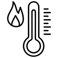 Black line drawing of a flame and thermometer on a white background