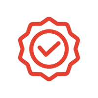 Red check mark icon with a decorative border on a white background