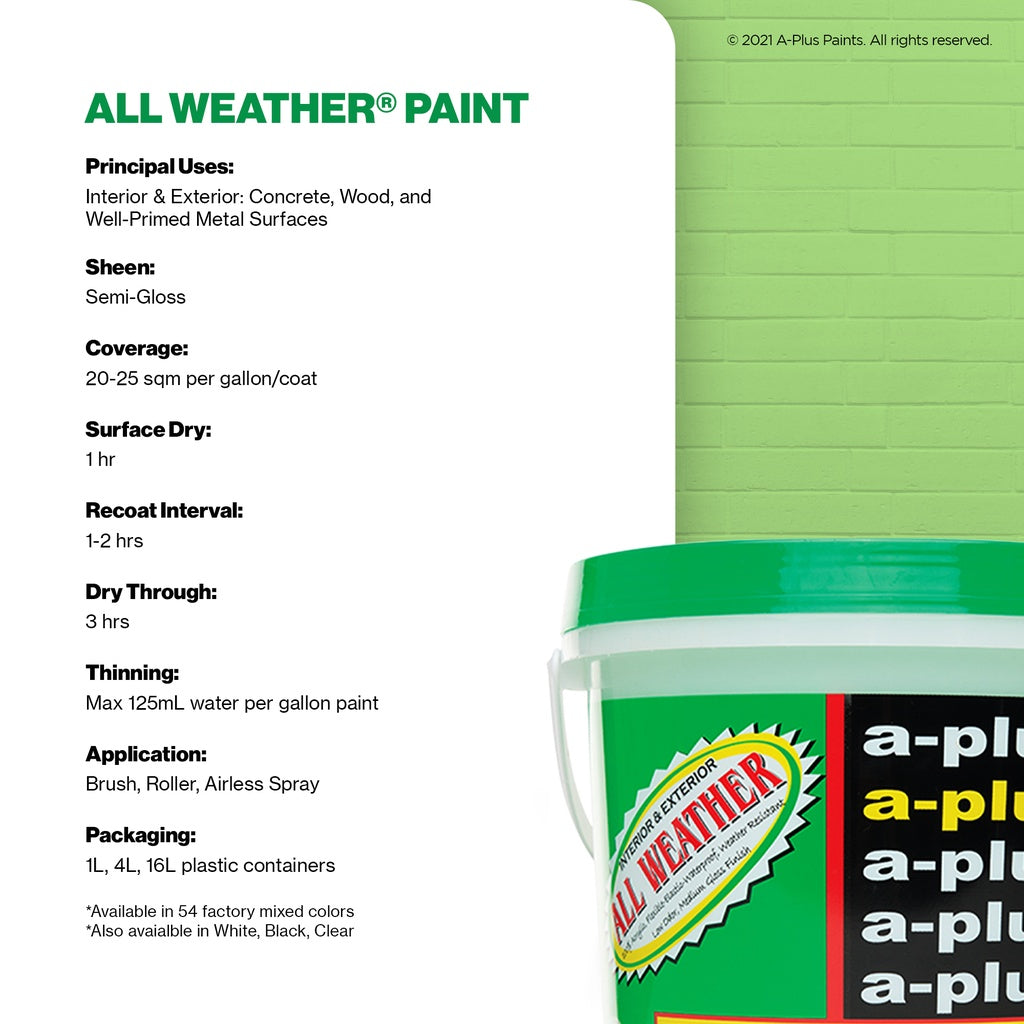 A-Plus All Weather Paint 4L- Medium Gloss | FAMILY COLOR GREEN, CREAM & YELLOW for Interior & Exterior Concrete and Wood Water Based Paint