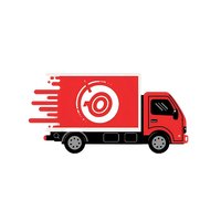 Red delivery truck with a white logo on a white background