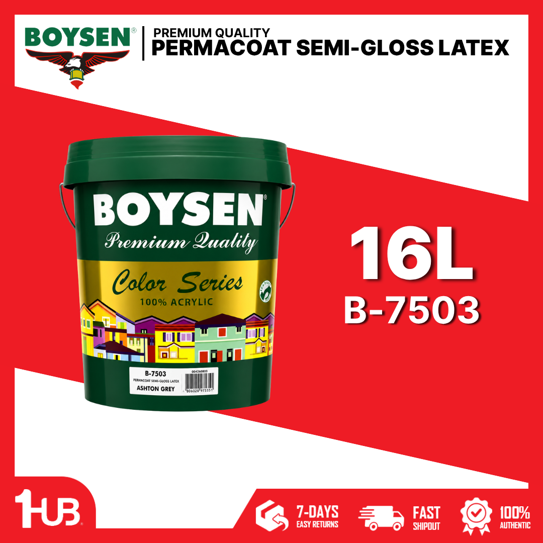 BOYSEN Permacoat Semi-Gloss Latex Paint Ashton Grey B-7503 16L | Washable Acrylic Wall Paint | Interior & Exterior Finish