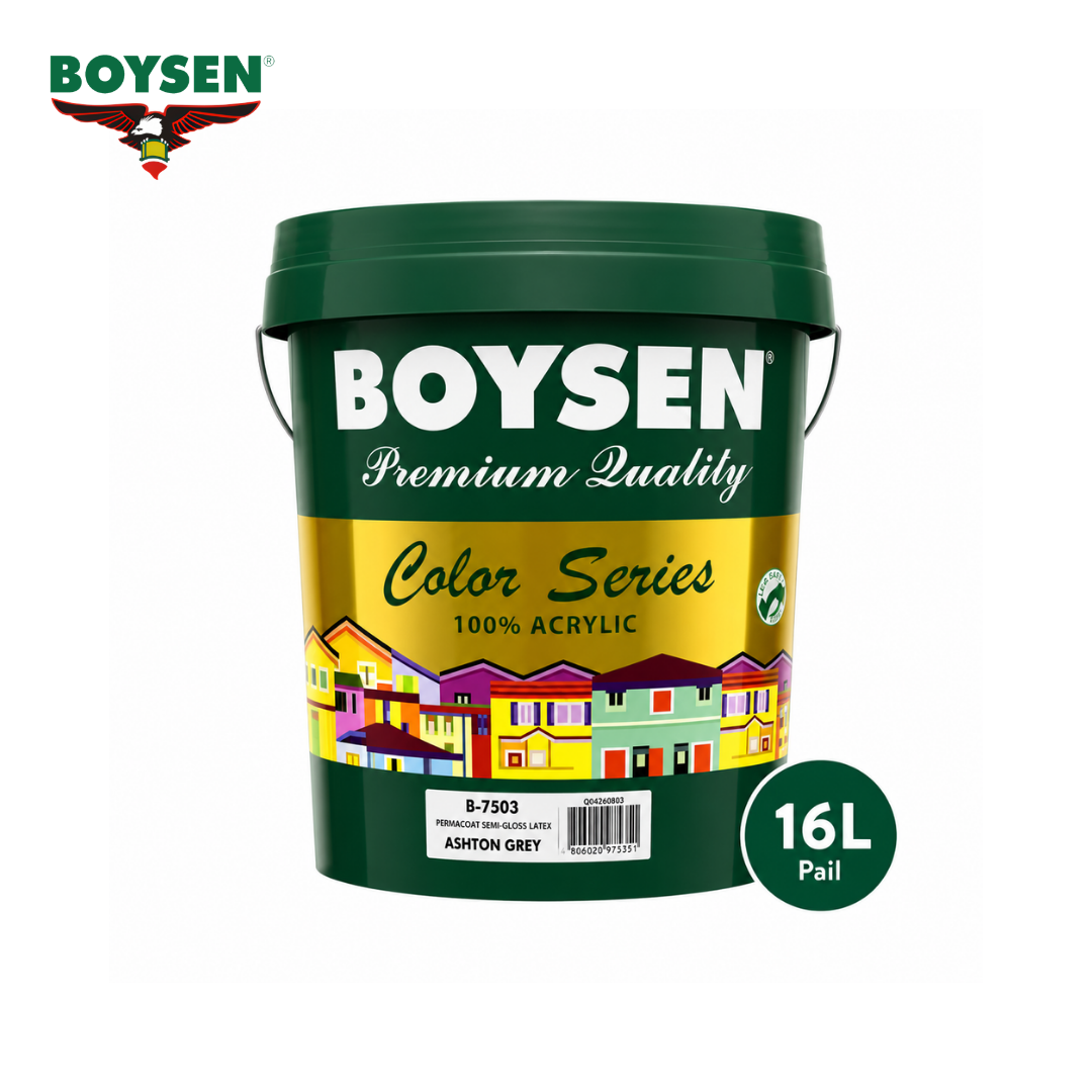 BOYSEN Permacoat Semi-Gloss Latex Paint Ashton Grey B-7503 16L | Washable Acrylic Wall Paint | Interior & Exterior Finish