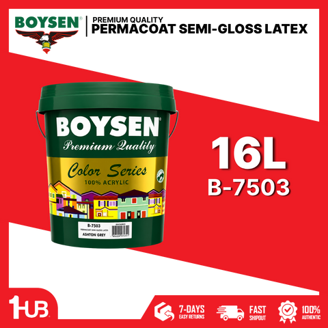 BOYSEN Permacoat Semi-Gloss Latex Paint Ashton Grey B-7503 16L | Washable Acrylic Wall Paint | Interior & Exterior Finish